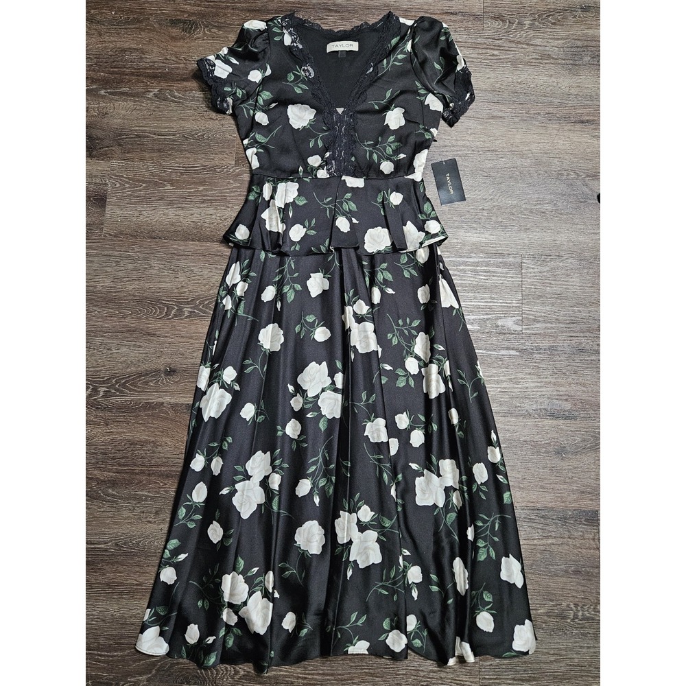 Taylor Women's Black Floral Short Sleeve V-neck Tie Waist Peplum Maxi Dress - Picture 14 of 16
